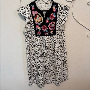 Black & White Dot Dress with Colorful Floral Embroidery